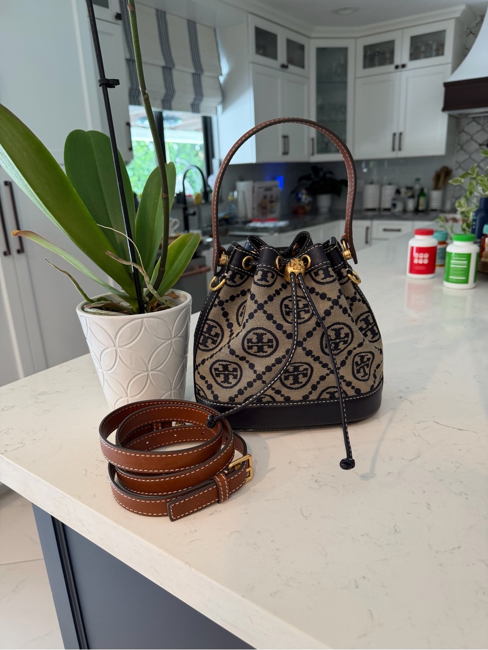 Tory Burch Beige and Black Logo Drawstring Mini Bucket Bag